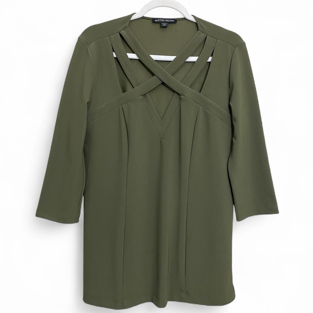 Boston Proper Olive Green Criss Cross V Neck 3/4 Sleeve Tunic Blouse Size Medium